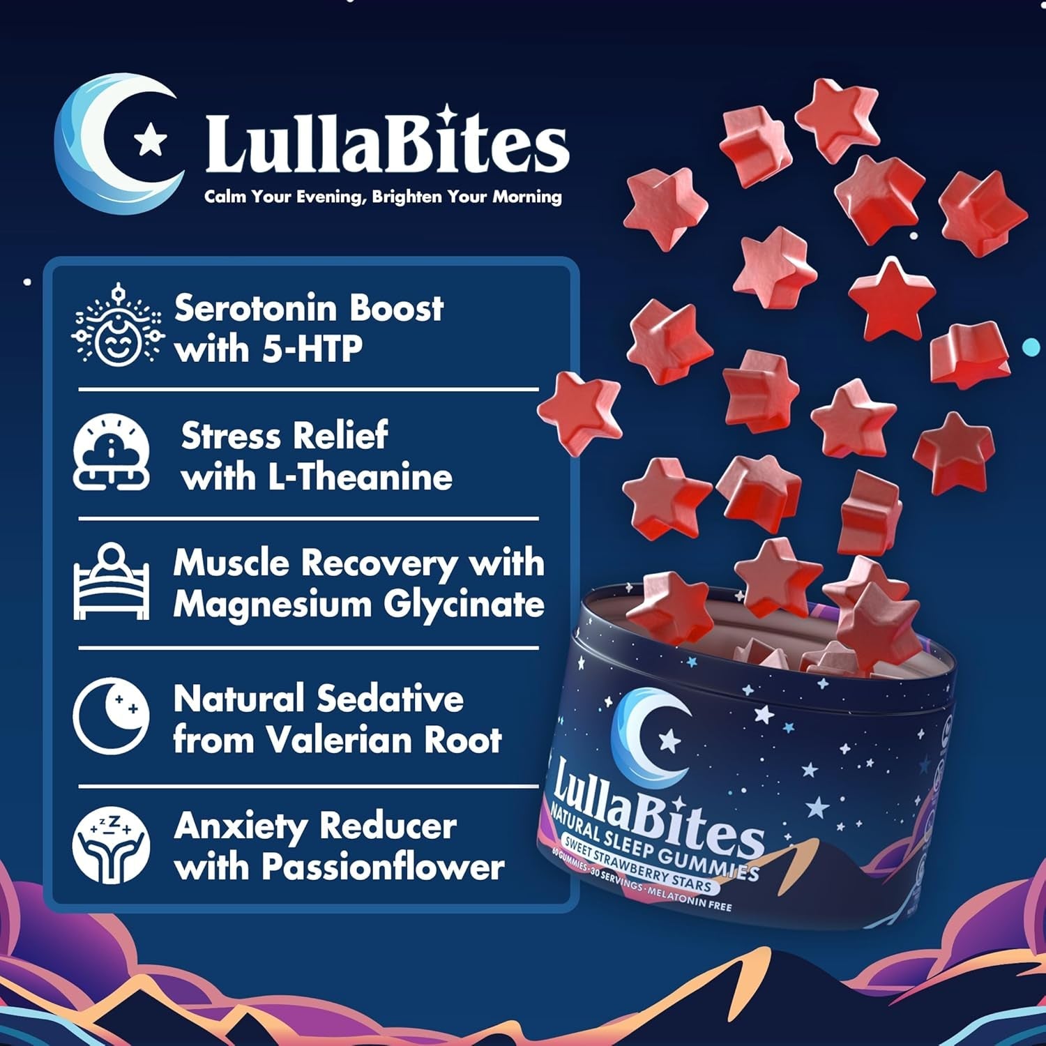 Lullabites - Natural Sleep Gummies - Made in USA - with 5-HTP, L-Theanine, Magnesium & Valerian Root - Melatonin Free - Vegan - Halal - Sugar, Gluten Free - Sweet Strawberry - 60 Gummies - 30 Servings