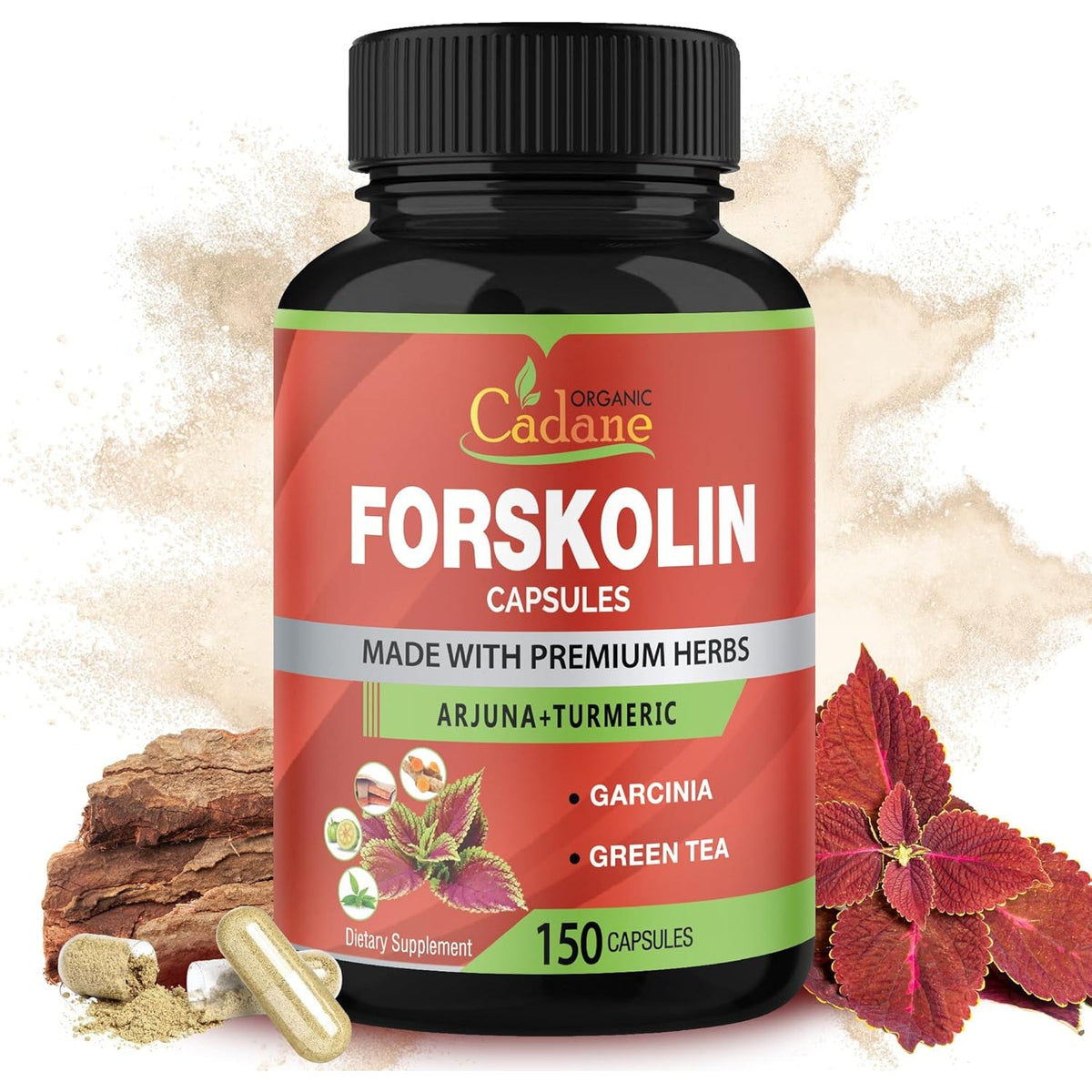 Cadane Forskolin Supplements - 5In1 with Turmeric Curcumin, Arjuna, Garcinia Cambogia, and Green Tea - 5 Month Supply - 150 Capsules