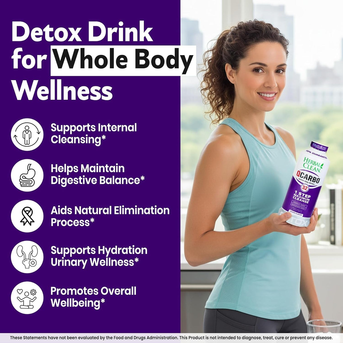 Herbal Clean Qcarbo32 Same Day Detox Cleanse Drink (32 Fl Oz) - Grape Flavor Full Body Cleanse* Detox Drink for Moderate Toxin Level*, Vitamin B2 and Vitamin B12 for Men & Women