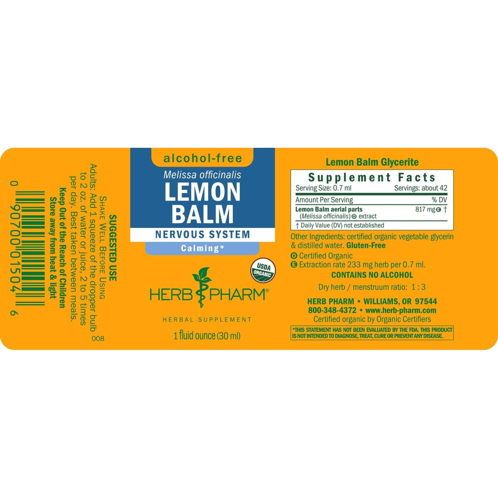 Herb Pharm Lemon Balm, Alcohol-Free: Certified Organic, Nervousness & Over-Excitement Support, Fast-Absorbing & Sugar-Free Calming Extract, Made with Lemon Balm Herb, Liquid Glycerite, 1 Oz
