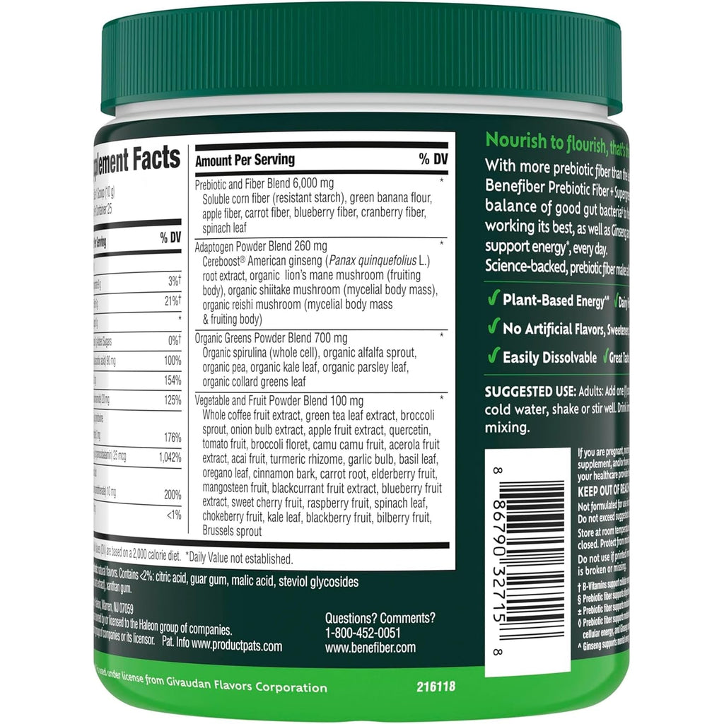 Benefiber Prebiotic GLP-1 Friendly Fiber + Supergreens Dietary Supplement Powder, Watermelon Lemonade Flavor, 8.8 Oz (250G)