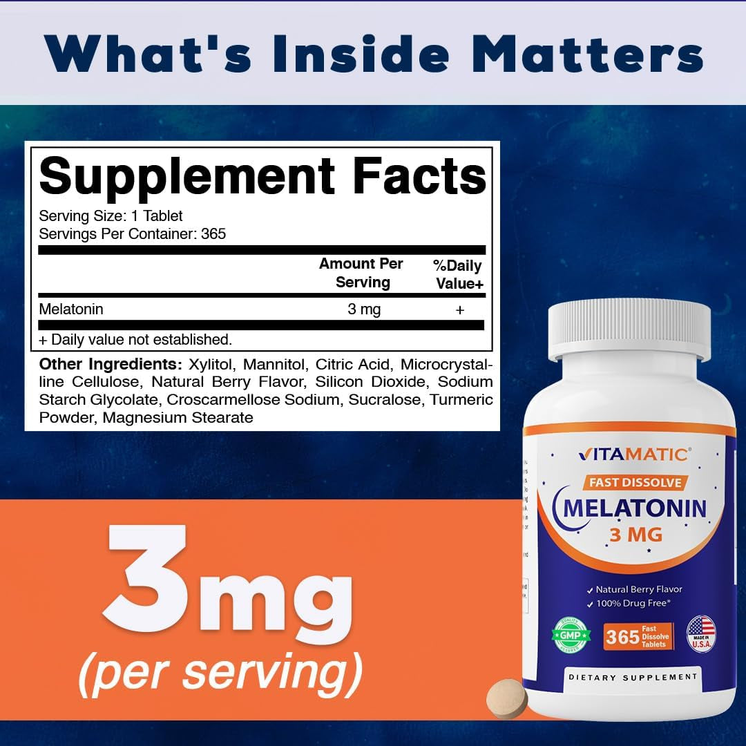 Vitamatic Melatonin 3Mg Tablets | Vegetarian, Non-Gmo, Gluten Free | 1 Year Supply | Natural Berry Flavor - 365 Tablets