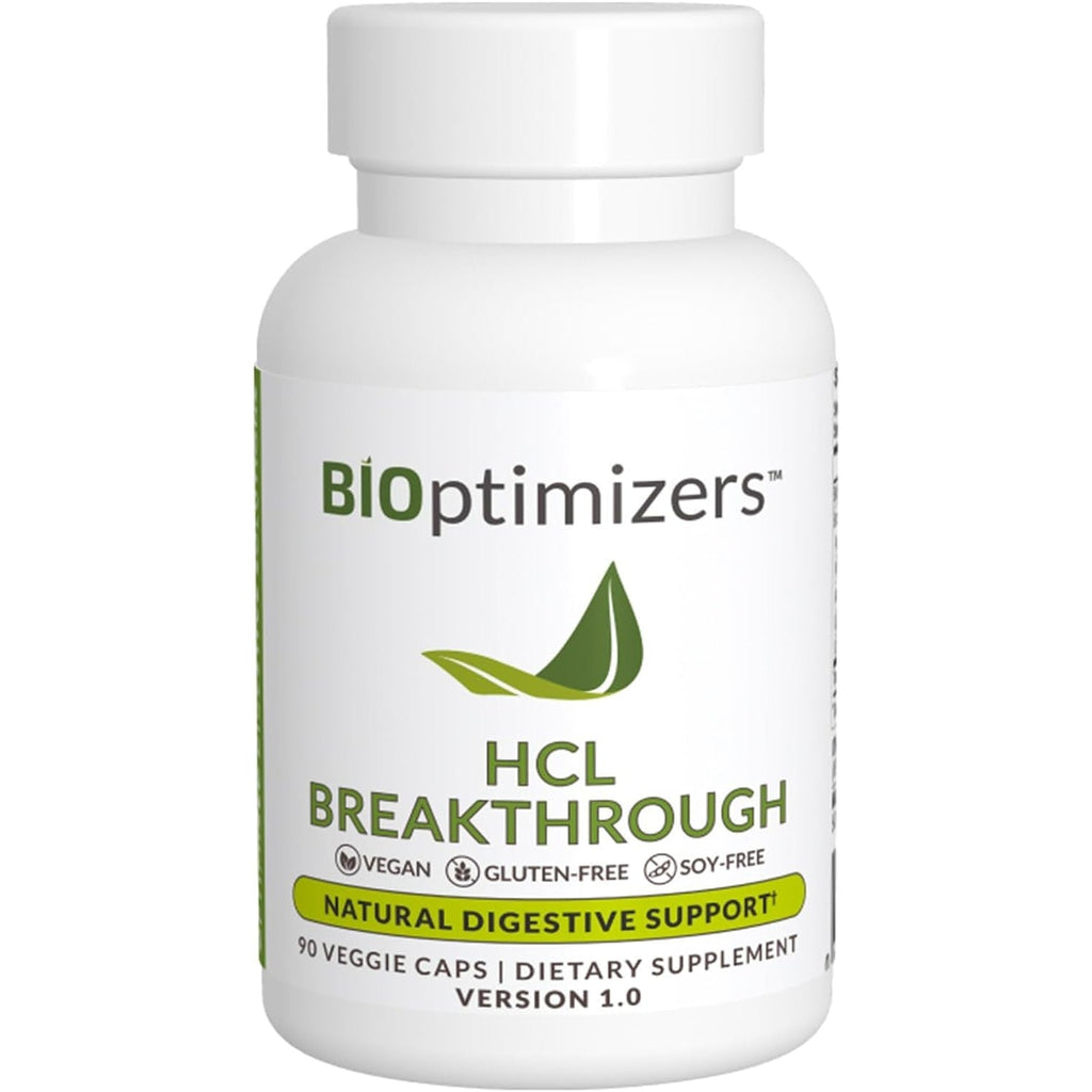 Bioptimizers HCL Breakthrough - Betaine Hydrochloride Enzymes Supplement - Assists with Protein Breakdown and Absorption - Helps Gas and Heartburn Relief - 90 Pepsin-Free Capsules