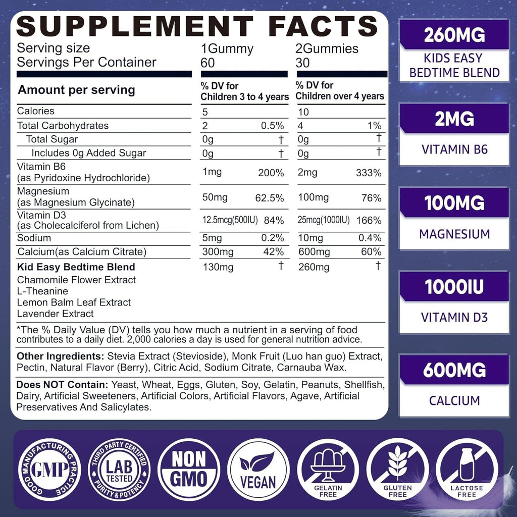 Kids Sleep Gummies - Magnesium Glycinate Gummies, Melatonin Free Sleep Aid | Magnesium, Calcium, D3, B6, L Theanine | Kid Melatonin Alternative for Restful Sleep (Pack of 1)