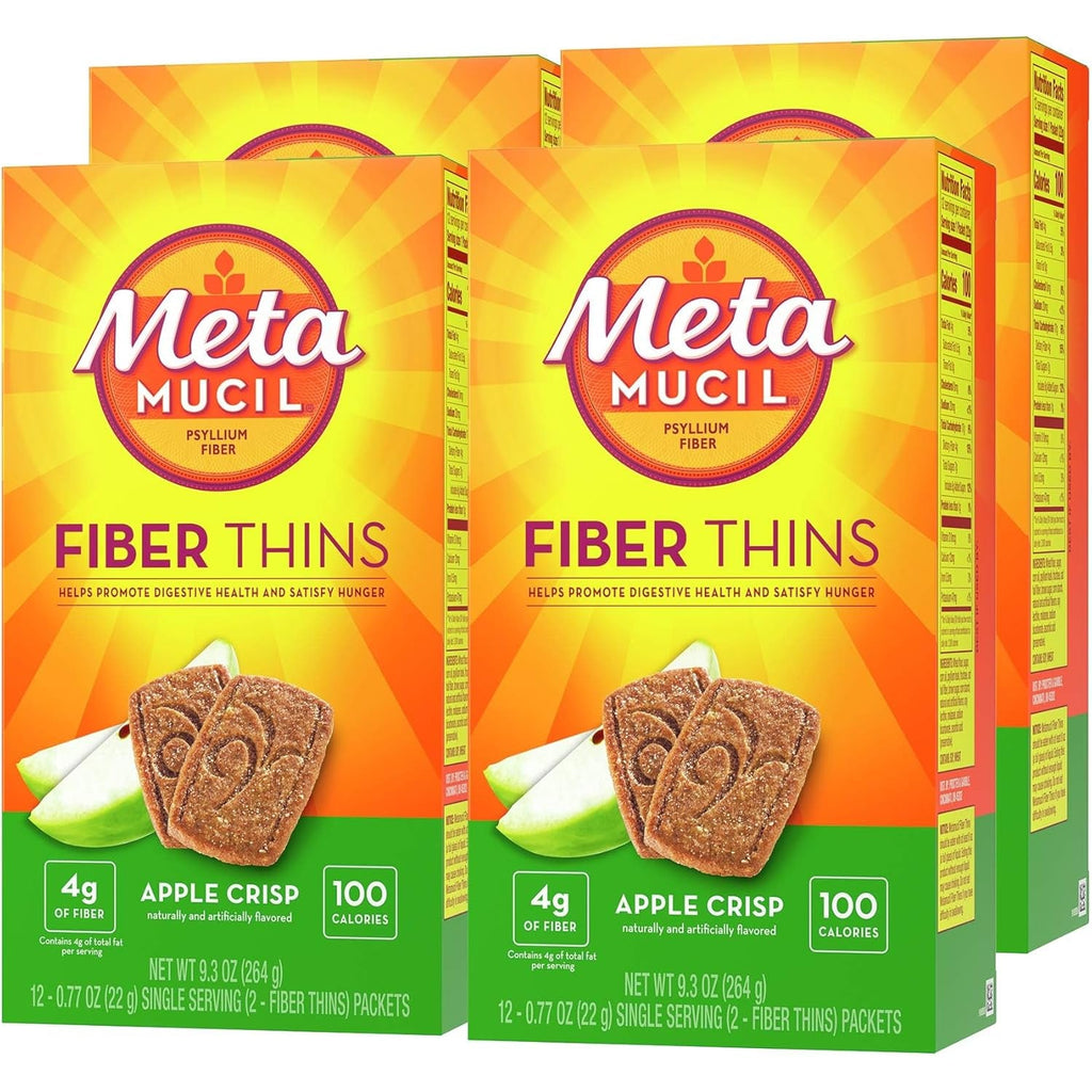 Metamucil, Fiber Thins, Daily Psyllium Husk Fiber Supplement, Supports Digestive Health and Satisfies Hunger, Apple Crisp Flavor, 48 Total Servings (4 Packs of 12)