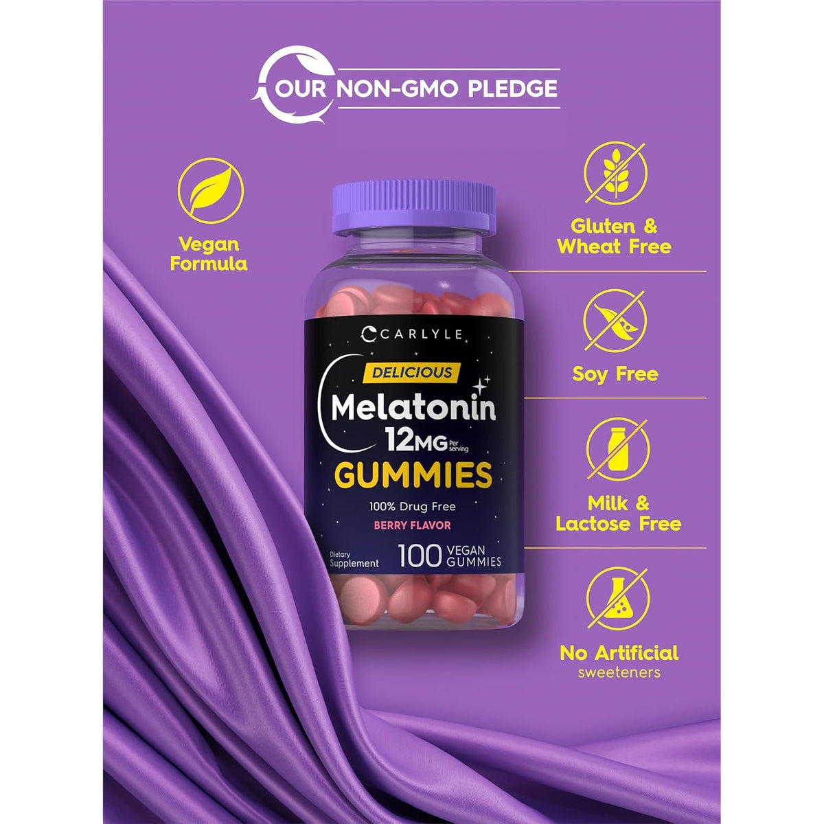 Carlyle Melatonin Gummies 12Mg | 100 Count | Berry Flavor | Vegan Supplement | Non-Gmo, Gluten Free