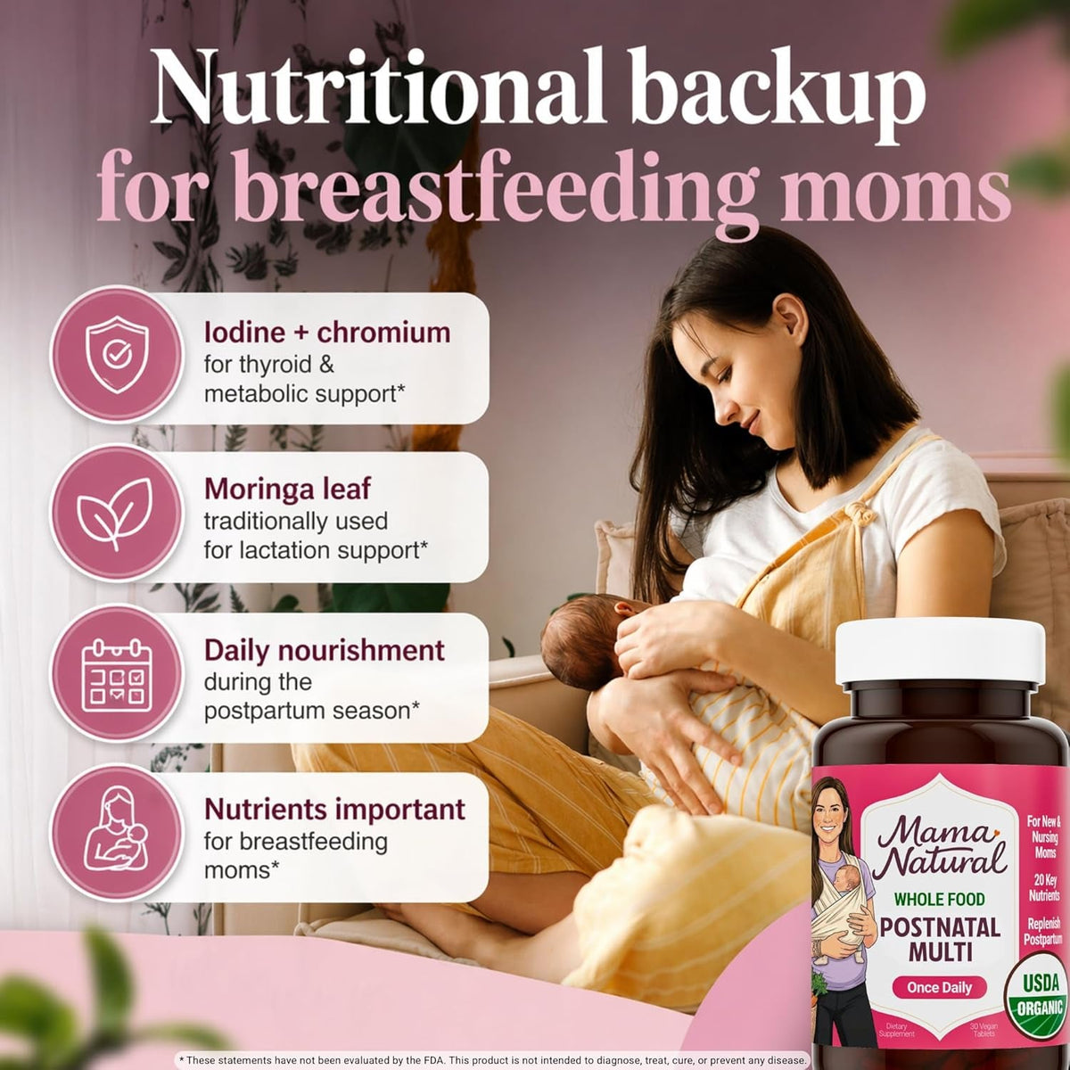 Mama Natural Organic Postnatal Vitamins for Women | One a Day Whole Food Postnatal Multivitamin for Breastfeeding & Postpartum Support | Non-Gmo with Iron, Iodine & Moringa | 30 Servings