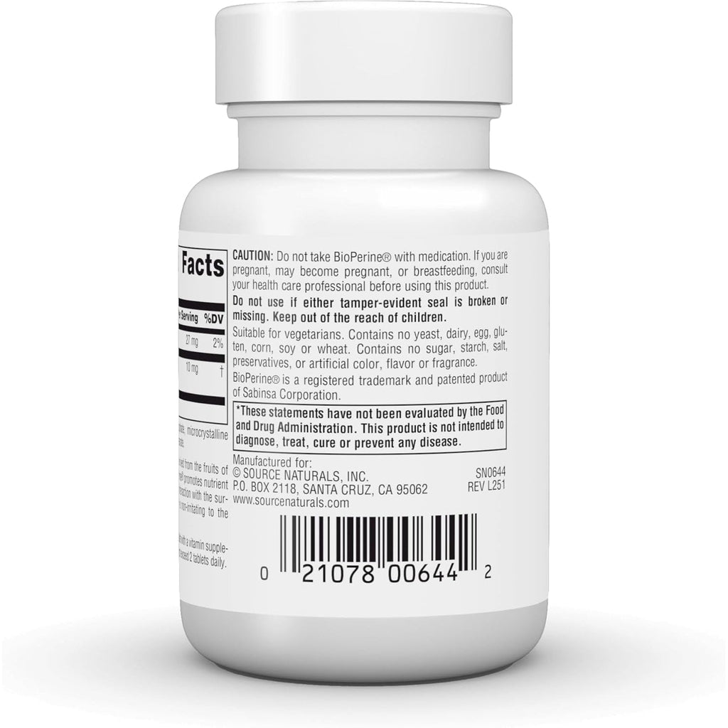 Source Naturals Bioperine - Black Pepper Fruit Extract, Promotes Nutrient Absorption* 10 Mg, 120 Tablets