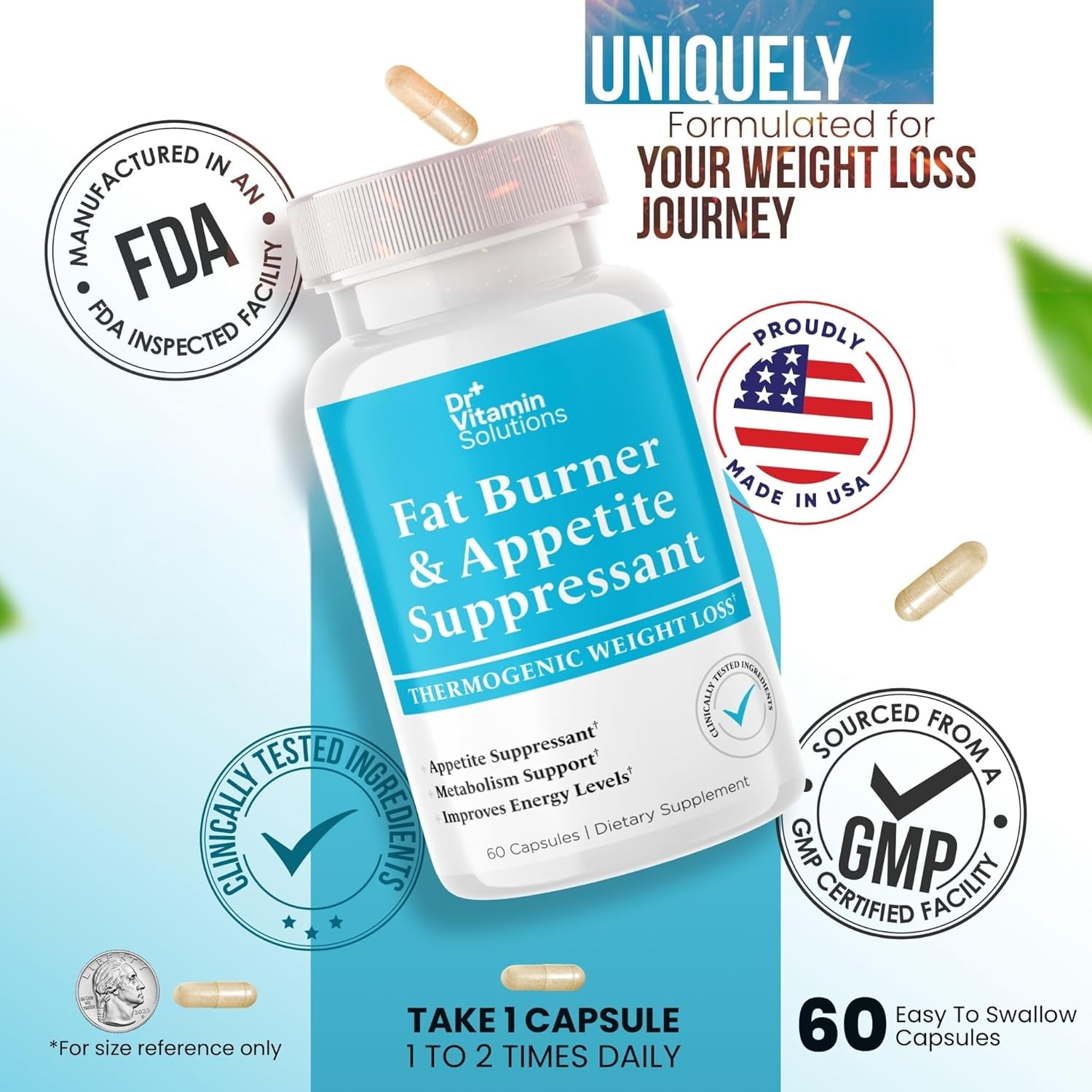 Fat Burner for Women & Men - Appetite Suppressant for Weight Loss - Pills W/Metabolism Booster Thermogenic Weight Loss Supplement - Includes Chromium & Green Tea Extract - 60 Capsules