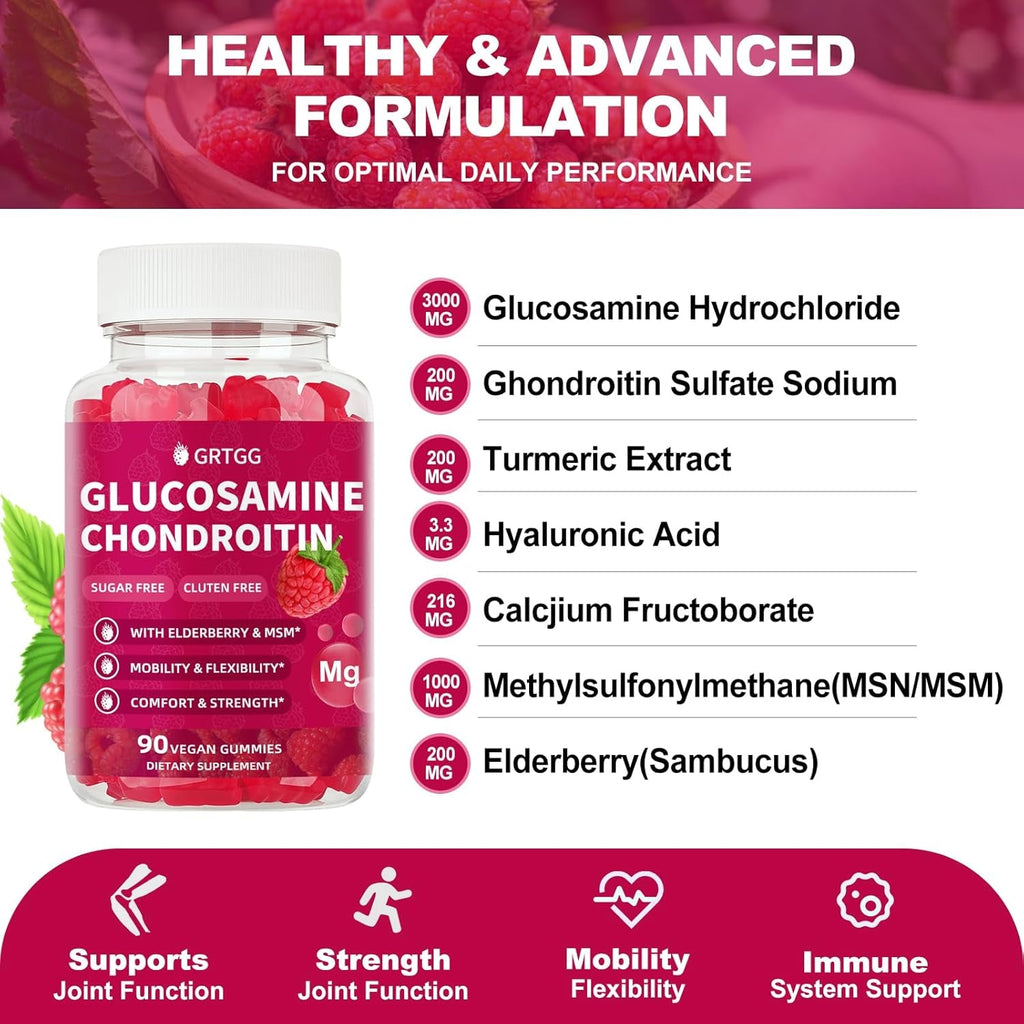 Glucosamine Chondroitin Gummies with MSM & Elderberry Extra Strength 3000MG - Joint Support, Antioxidant Immune Support Supplement for Adults, Men & Women - 90 Raspberry Gummies