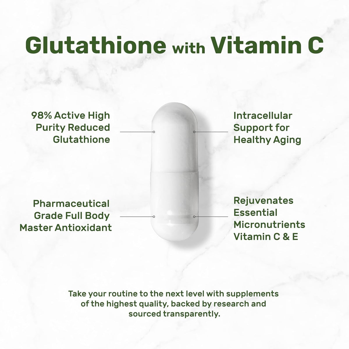 Glutathione Supplement 1,000Mg per Serving, 98% Purity | plus Vitamin C 500Mg, Active Reduced Form (GSH) | Intracellular Antioxidant – Supports Detoxification & Immune Health