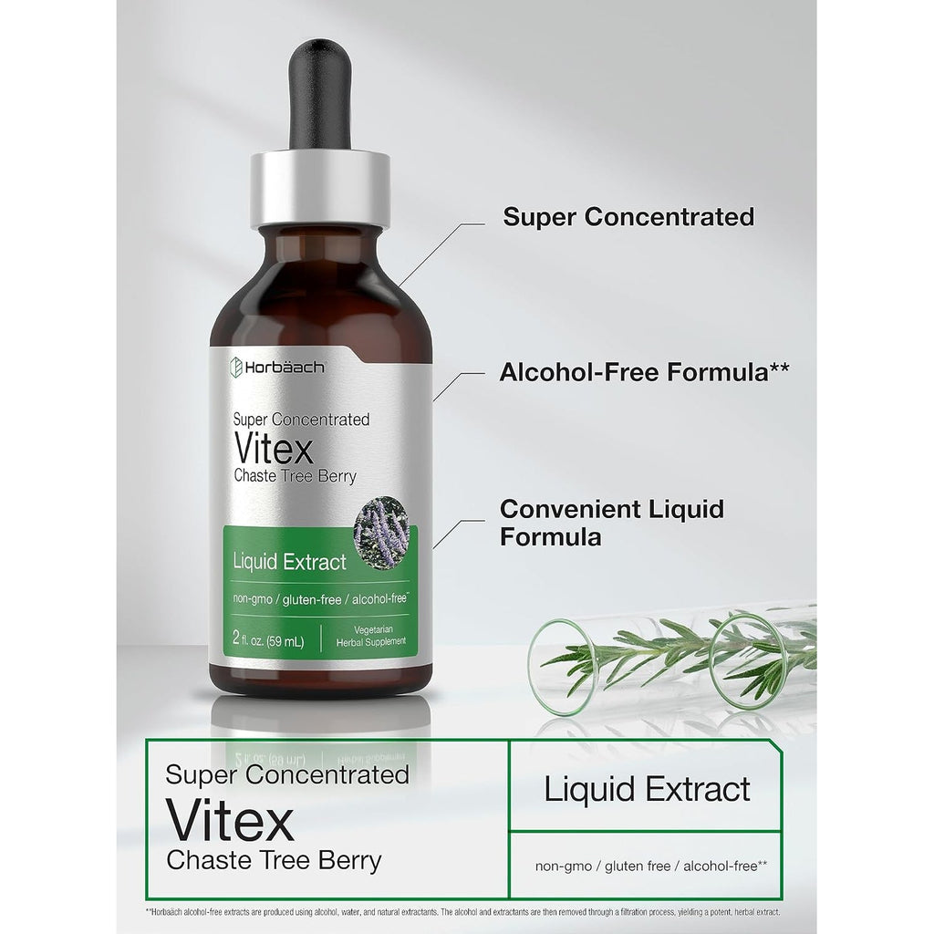 Horbäach Vitex Berry Chasteberry Extract Tincture | 2 Fl Oz | Super Concentrated Liquid | Alcohol Free Chaste Tree Berry Supplement | Vegetarian, Non-Gmo, Gluten Free