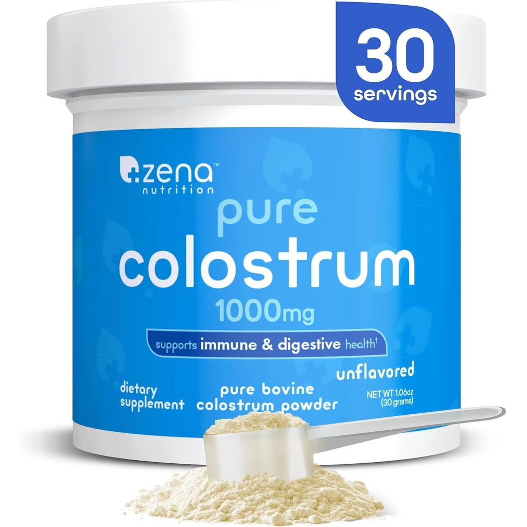 Zena Nutrition Bovine Colostrum Powder Supplement, 1000Mg Pure Colostrum, Supports Immune and Digestive Health, Promotes Gut Health, Keto, Gluten Free, Fat Free, Grass Fed, Unflavored, 30 Servings