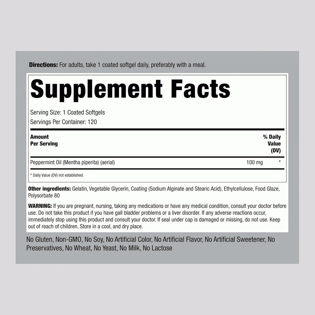 Piping Rock Peppermint Oil Softgel Capsules | 100Mg | 120 Pills | Therapeutic Grade Extract | Non-Gmo, Gluten Free Supplement