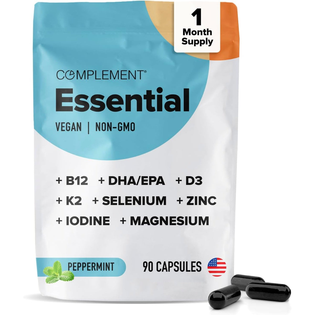 Complement Essential Vegan Multivitamin for Women & Men - Immune Support Supplement with Omega-3 DHA & EPA, B12, Vitamin D3 & K2, Zinc, Selenium, Magnesium, Iodine (30 Servings, 90 Capsules)
