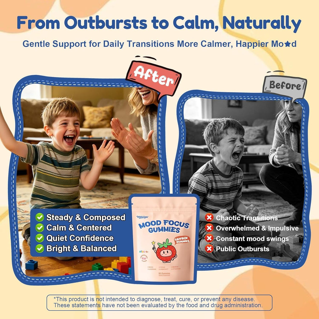 Kids Saffron Gummies: Mood Focus Support with Magnesium Glycinate, L-Theanine for Calm & Sleep, PS, Lion'S Mane, Choline Brain Support for School Concentration & Attention, Sugar Free, 90 Ct
