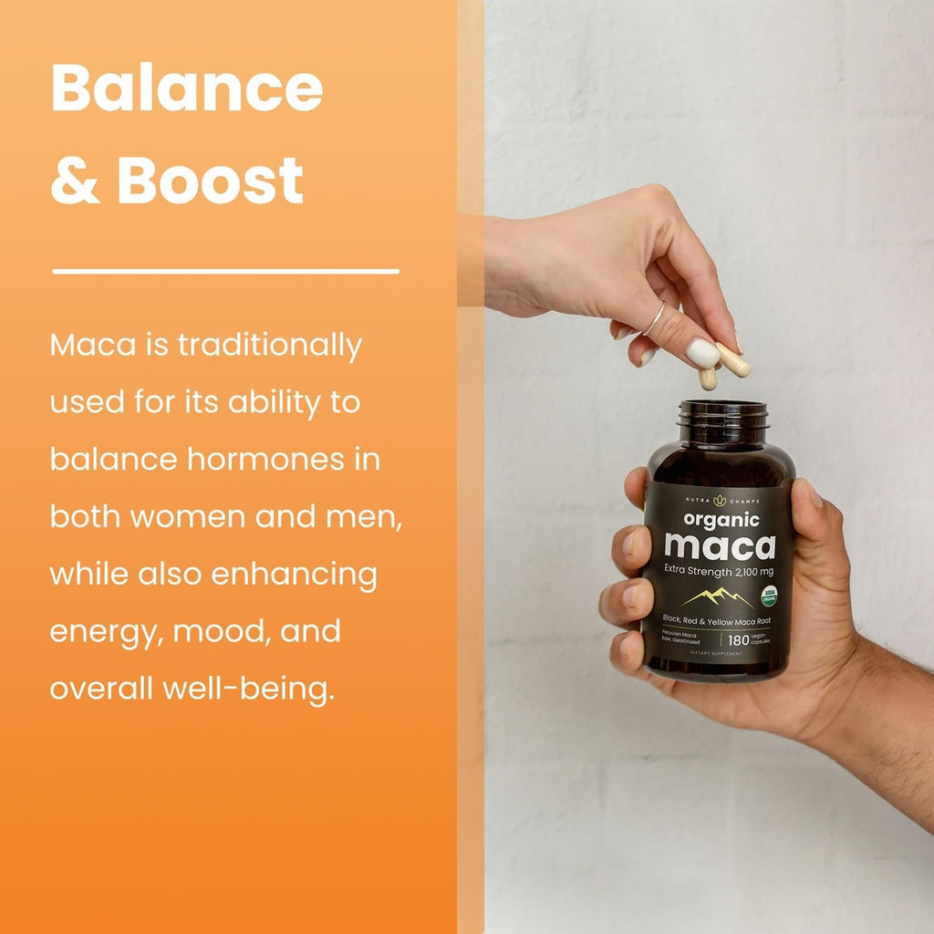 Nutrachamps USDA Organic Maca Root Capsules for Women & Men, 2100Mg, 180 Capsules, Black, Red & Yellow, Peruvian Maca Peruana, Extra Strength Pure Premium Gelatinized Root Powder Supplement