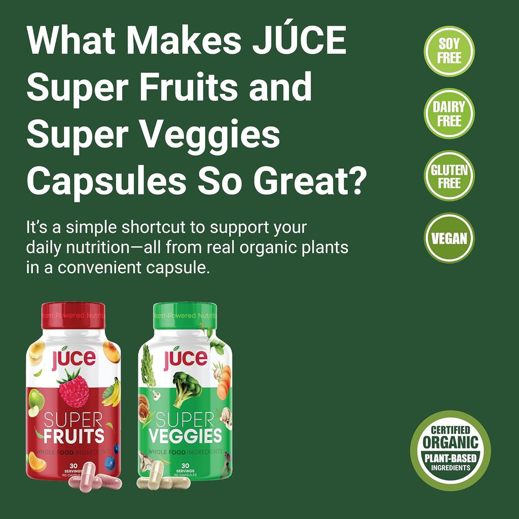 Juce Original Formula - Organic Super Fruit & Veggies Supplement - Gluten/Gelatin Free, Soy Free & Vegan- Reds & Greens Superfood Capsules- 23 Fruits & 23 Vegetables (180 Count)- by Terra Kai Organics