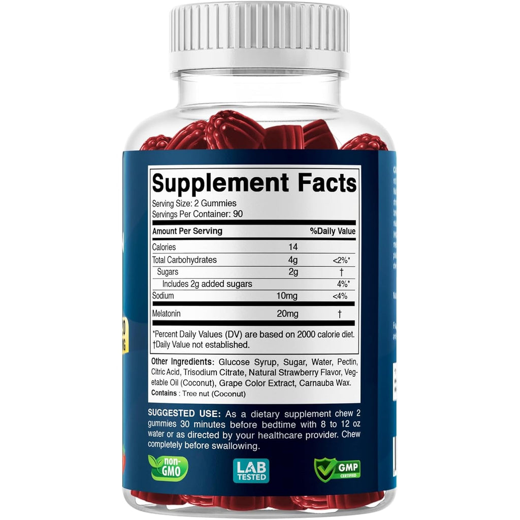 Vitabod Melatonin 20Mg Gummies - 180 Count - Drug Free - Natural Strawberry Flavor - Vegetarian, Non-Gmo, Gluten Free (1 Bottles)