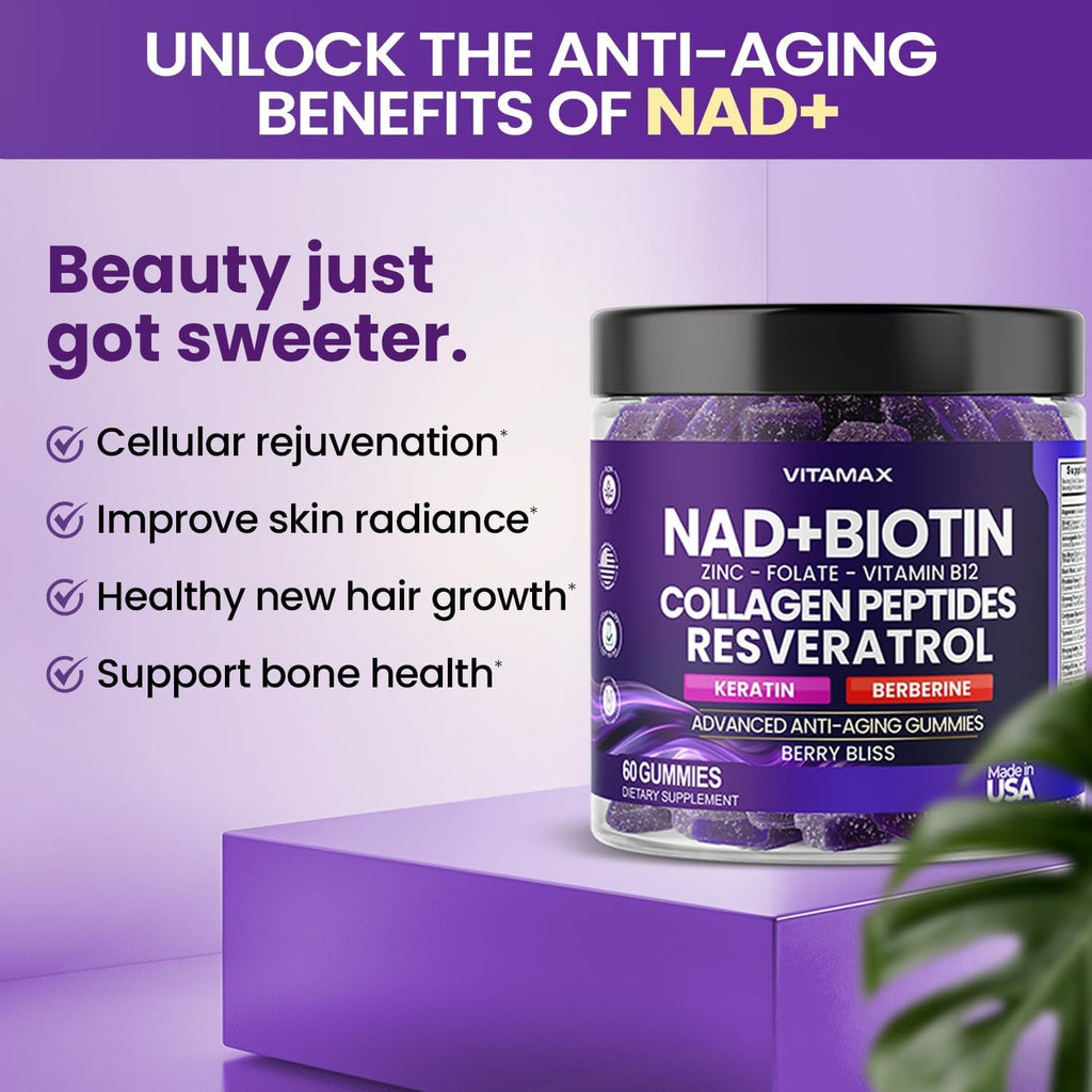 NAD+, Resveratrol, Berberine, & Biotin Anti-Aging Gummy - Hair, Skin, Nails & Joint Supplement - Collagen Peptides, Keratin, Zinc, Vitamin K2 & D3 Gummies -Regeneration- Non-Gmo - Made in USA 60 Count