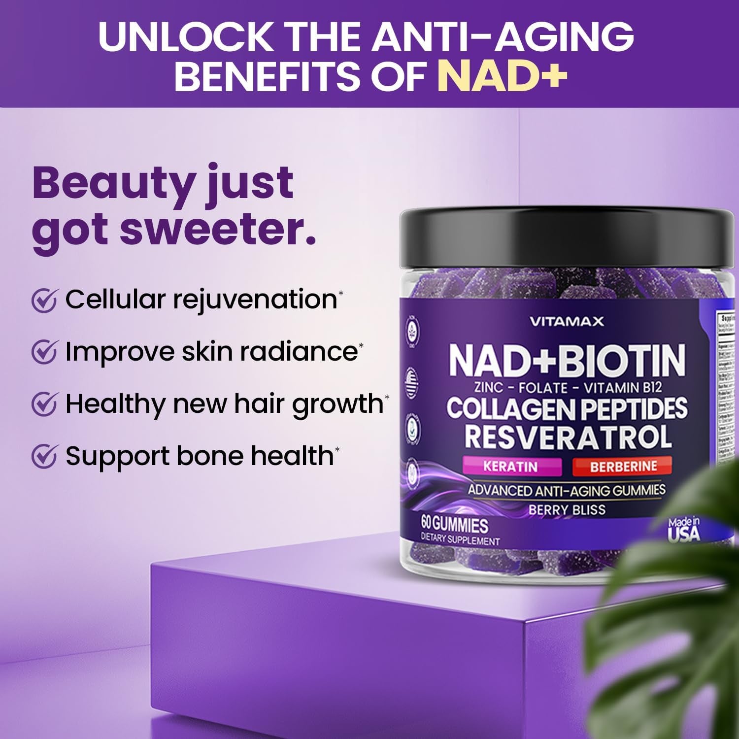 NAD+, Resveratrol, Berberine, & Biotin Anti-Aging Gummy - Hair, Skin, Nails & Joint Supplement - Collagen Peptides, Keratin, Zinc, Vitamin K2 & D3 Gummies -Regeneration- Non-Gmo - Made in USA 60 Count