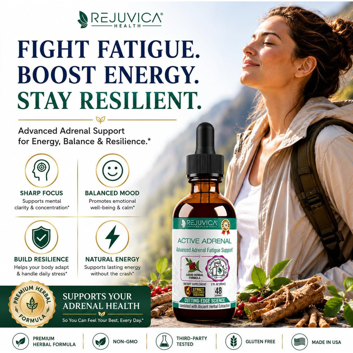 Rejuvica Health Active Adrenal - Advanced Adrenal Support Tincture - Liquid Delivery for Better Absorption - Ashwagandha, B-Vitamins, Magnesium and More