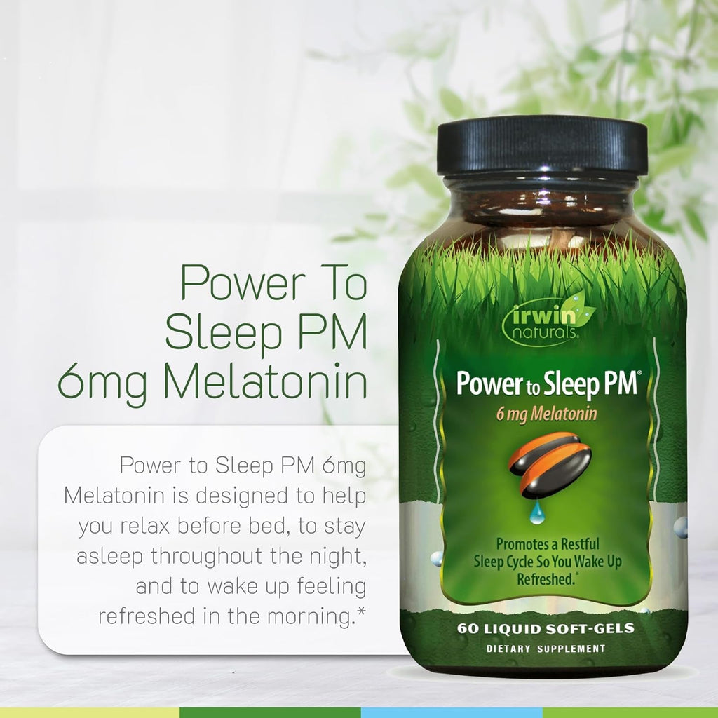 Irwin Naturals Power to Sleep PM - 6Mg Melatonin, GABA, Ashwagandha, Valerian Root & L-Theanine Supplements for Men and Women - Supports Restful Sleep Cycle & Relaxation - 60 Liquid Soft-Gels