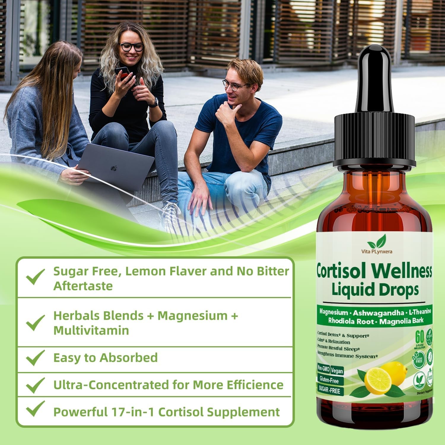 Vita Plynxera Cortisol Supplement Liquid Drops, 17-In-1 Cortisol Detox W. Magnesium Glycinate 400Mg Ashwagandha, L-Theanine, Phosphatidylserine, Hormone Balanced for Women, Mood Focus, Sleep Support