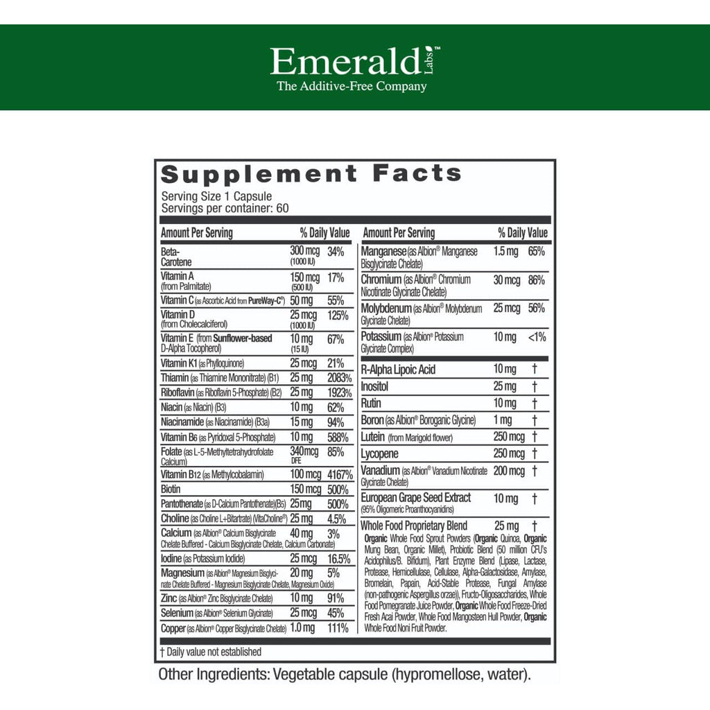 EMERALD LABS Complete 1-Daily Multi - Complete Multivitamin for Men & Women with Vitamin C, Methylated Folate, Whole-Food Blend & More for Immune Support, Bone Health & More* - 60 Vegetable Capsules