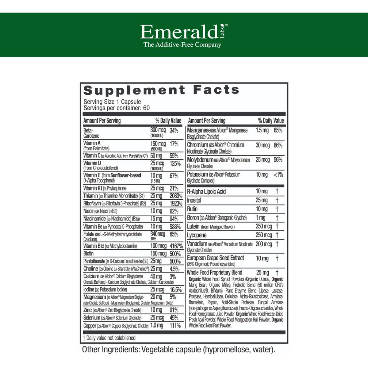 EMERALD LABS Complete 1-Daily Multi - Complete Multivitamin for Men & Women with Vitamin C, Methylated Folate, Whole-Food Blend & More for Immune Support, Bone Health & More* - 60 Vegetable Capsules