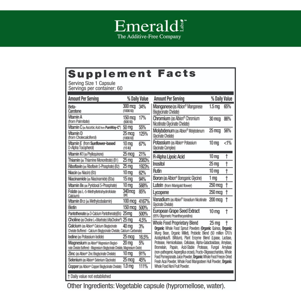 EMERALD LABS Complete 1-Daily Multi - Complete Multivitamin for Men & Women with Vitamin C, Methylated Folate, Whole-Food Blend & More for Immune Support, Bone Health & More* - 60 Vegetable Capsules