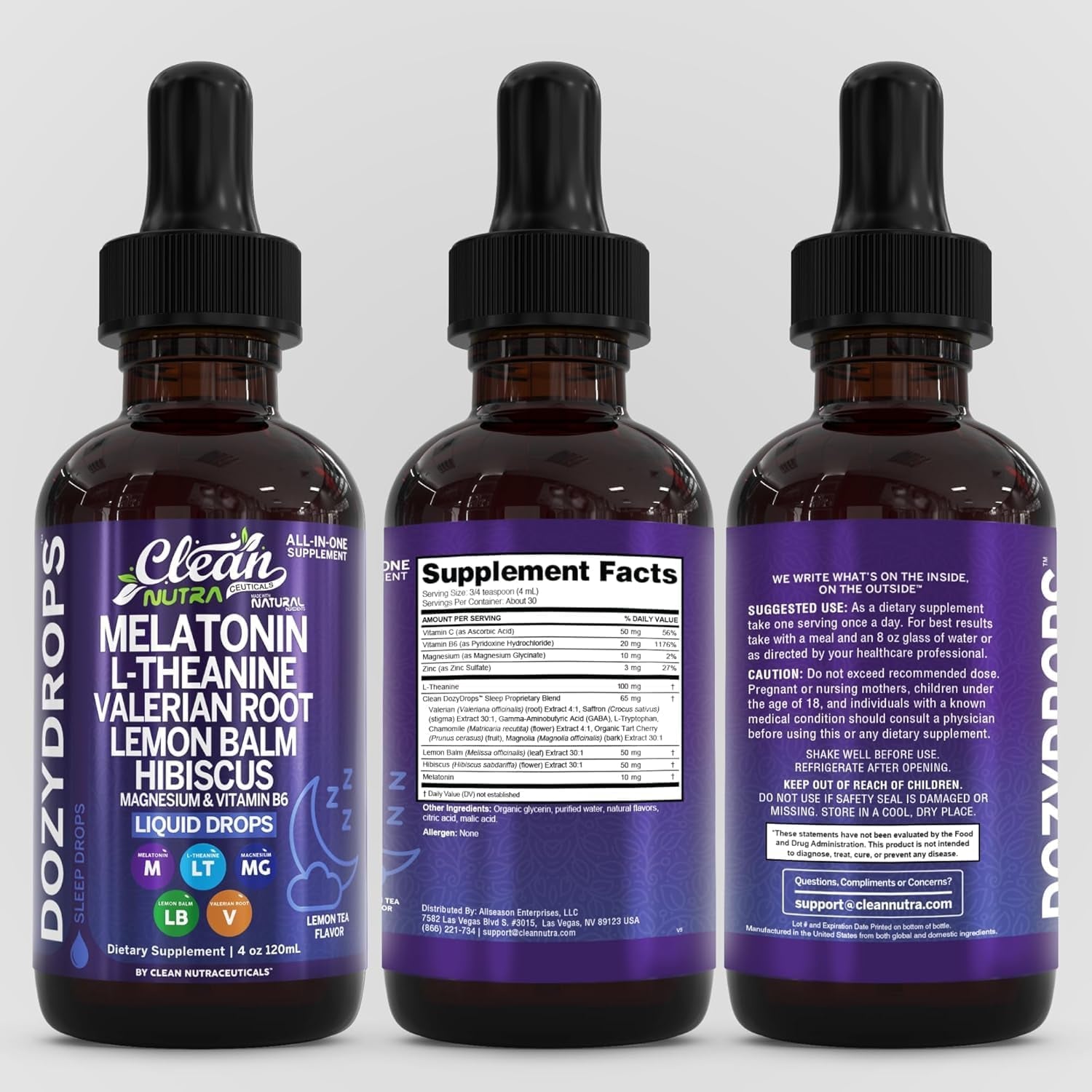 Clean Nutra Melatonin 10Mg Drops Magnesium Vitamin B6 L-Theanine Valerian Hibiscus Lemon Balm Supplement Liquid Sugar-Free Vegan Non-Gmo Natural Sleep Support Aid Lemon Tea Flavor 120Ml Formula