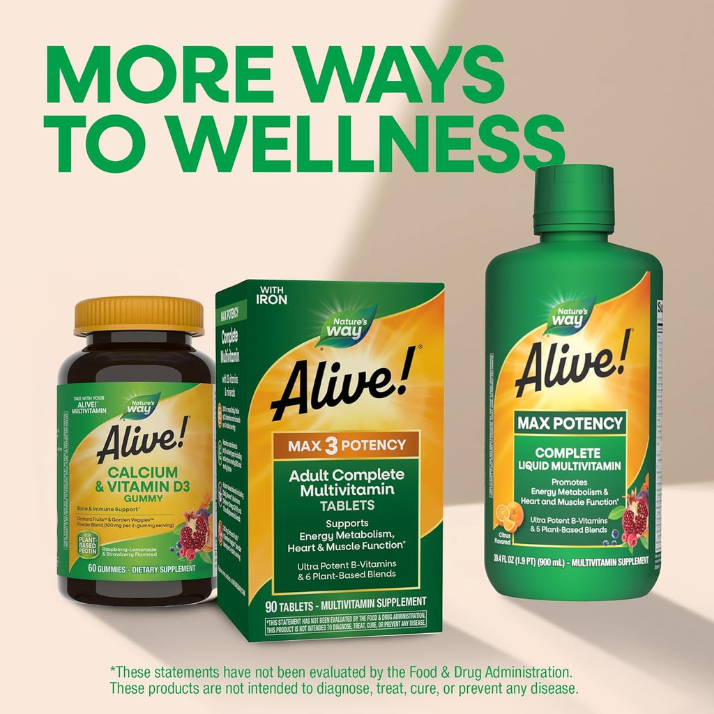 Nature'S Way Alive! Max3 Potency Daily Multivitamin with Iron, High Potency Adult Multivitamins to Support Cellular Energy Metabolism, Heart, and Muscle Function* for Women & Men, 90 Tablets