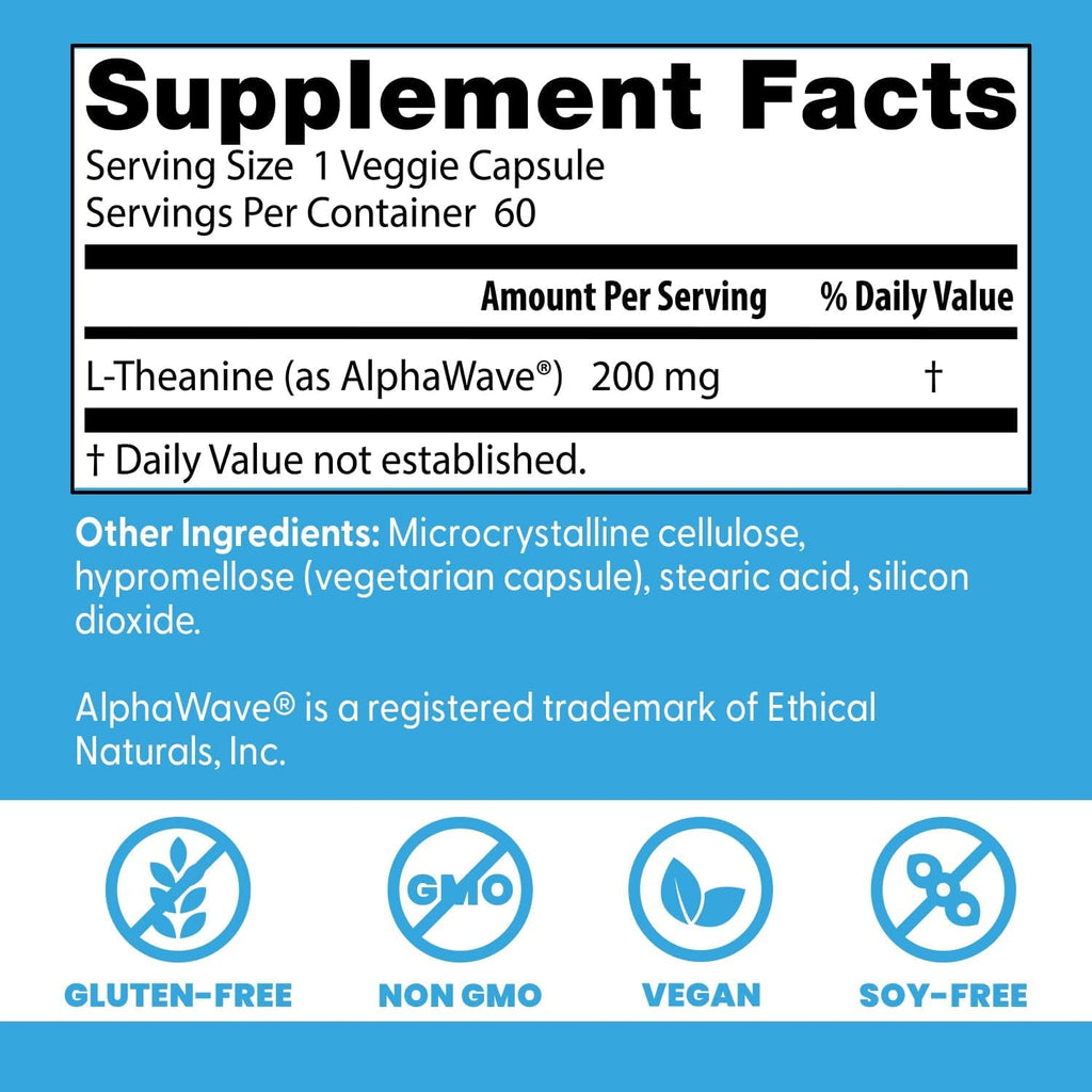 Doctor'S Best L-Theanine Caps 200Mg for Men & Women - L Theanine Alphawave Supplement for Calm & Focus Support, Helps Reduce Stress, Vegan, Gluten Free, Soy Free, Non GMO - 60 Veg Capsules