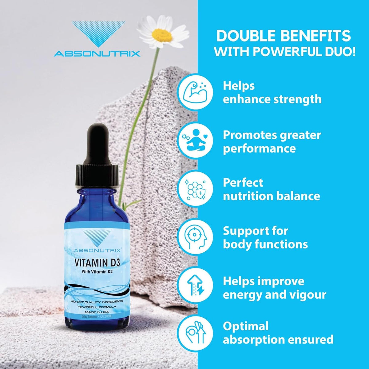 Vitamin D3 K2 Drops, 390Mg, 4 Oz Liquid, 302 Servings, Made in USA, Quick Absorption, Quality Potent Ingredients, Non-Gmo, GMP Certified, Cruelty-Free Products, Bone Strength Supplements
