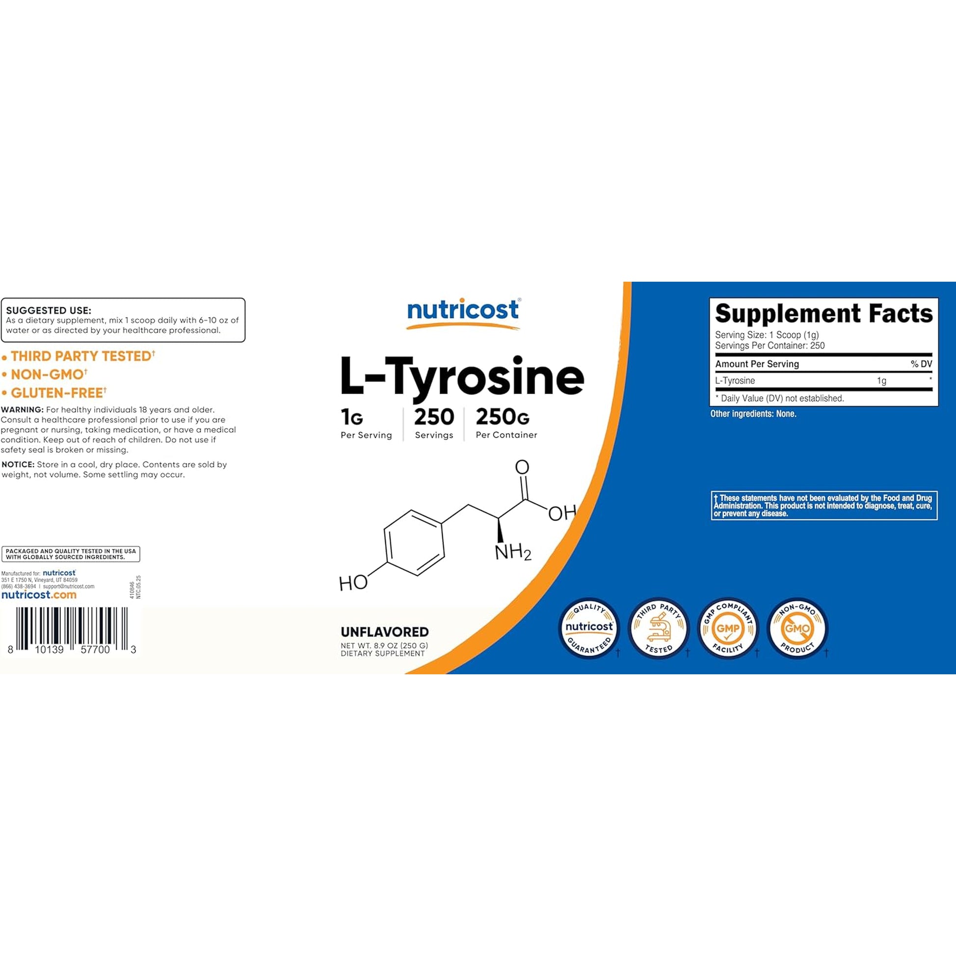 Nutricost L-Tyrosine Powder 250 Grams - Pure L-Tyrosine Powder 1000Mg per Serving