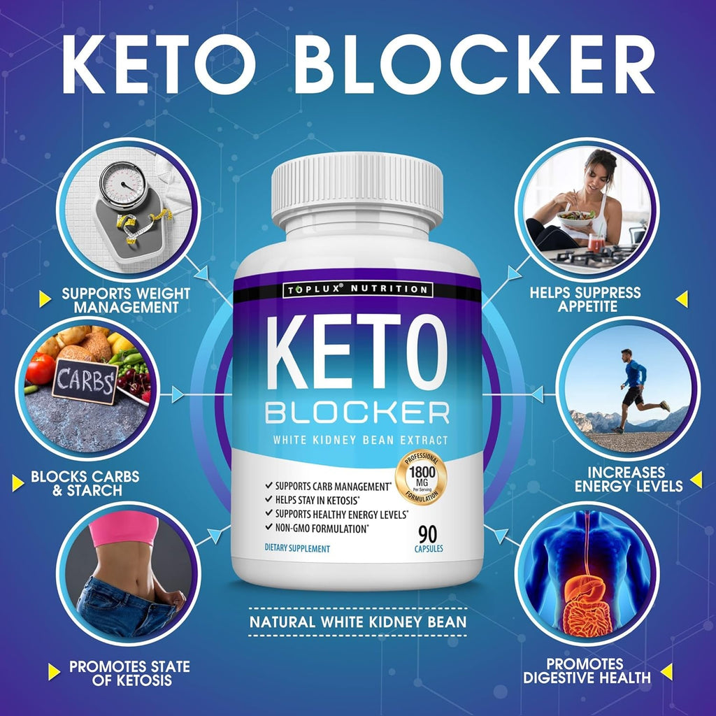 Toplux Keto Blocker Pills White Kidney Bean Extract - 1800 Mg Natural Ketosis, Support Keto Diet, for Men Women, 90 Capsules, Supplement