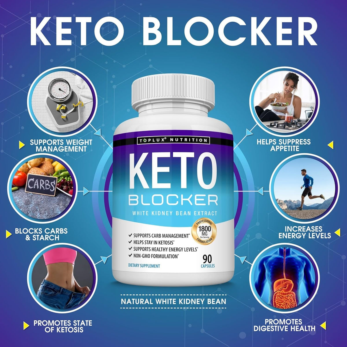 Toplux Keto Blocker Pills White Kidney Bean Extract - 1800 Mg Natural Ketosis, Support Keto Diet, for Men Women, 90 Capsules, Supplement