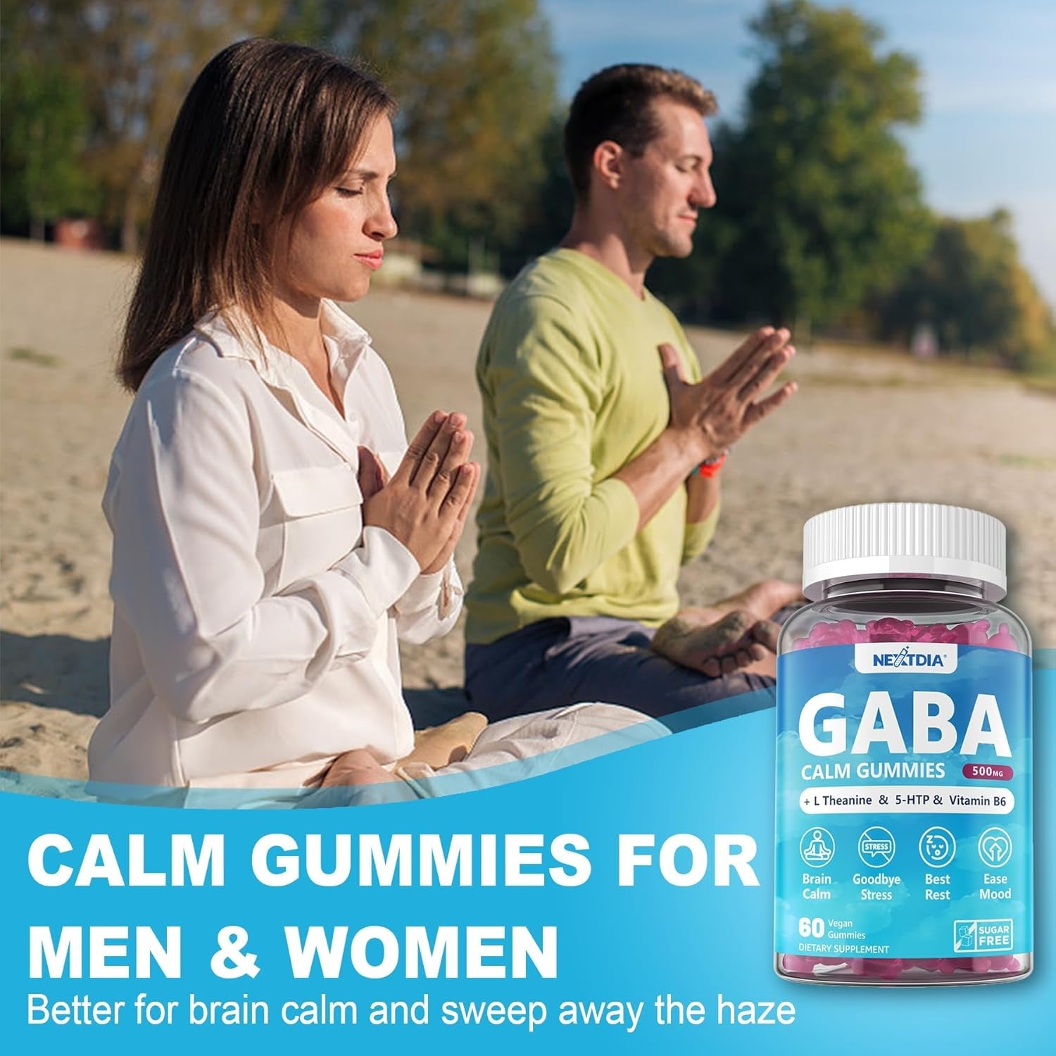 GABA Gummies 500 Mg - Sugar-Free Calm Gummies with L Theanine, 5-HTP, Vitamins D3, B12, Ashwagandha, Melatonin-Free for Brain Calm, Mood, Zzz Better, GABA Supplement for Adult, Blueberry Flavor,2 Pack