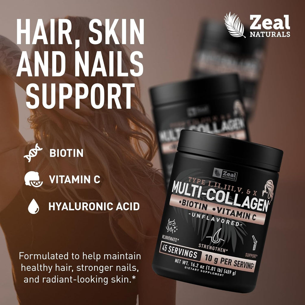 Zeal Naturals Multi Collagen Protein Peptides Powder Types I II III V X - Vitamin C, Biotin & Hyaluronic Acid - Hair, Skin & Nails - Marine, Bovine, Chicken & Eggshell - Unflavored, 45 Servings