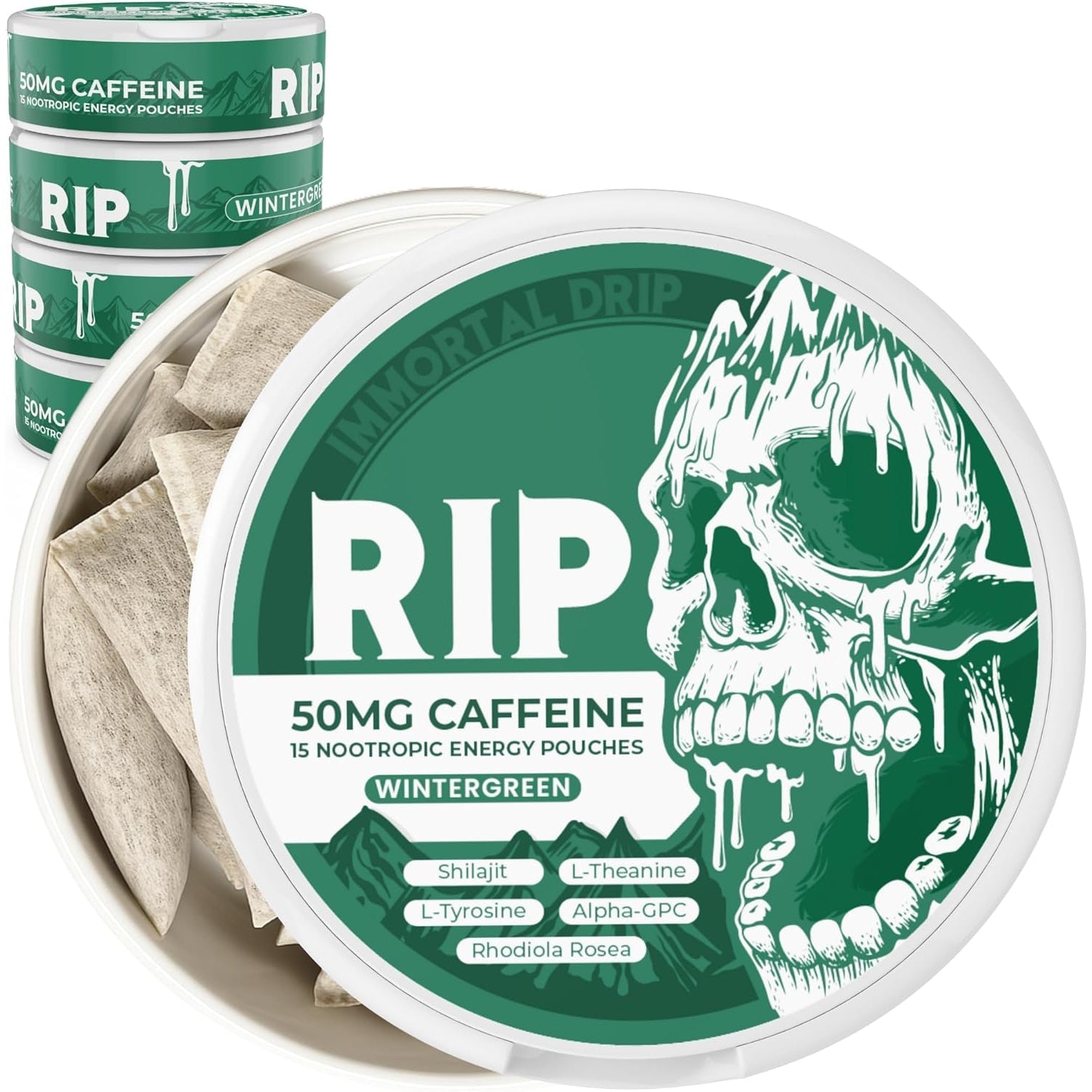 Immortal Drip RIP Nootropic Energy Pouches (Wintergreen) – 5 Cans – 15 Pouches per Can – Clean Energy & Focus Support – 50Mg Caffeine, Shilajit, Alpha-Gpc, L-Tyrosine, Rhodiola