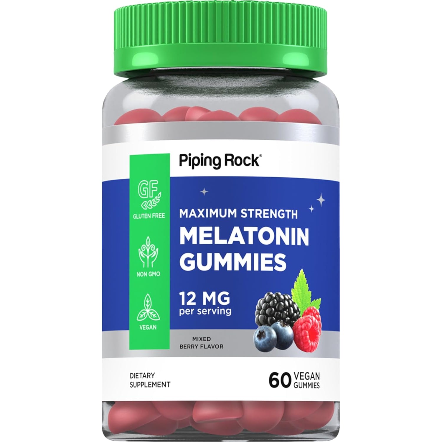 Piping Rock Melatonin Gummies 12Mg | 60 Count | Maximum Strength Supplement for Adults | Berry Flavor | Vegan, Non-Gmo, Gluten Free
