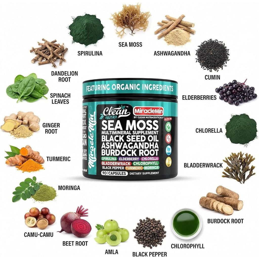 Clean Nutra Organic Sea Moss Capsules with Ashwagandha, Black Seed Oil, Burdock Root, Bladderwrack, Moringa, Chlorella, Spirulina, Turmeric, Elderberry, Amla � 90 Vegan Capsules � Miraclemin
