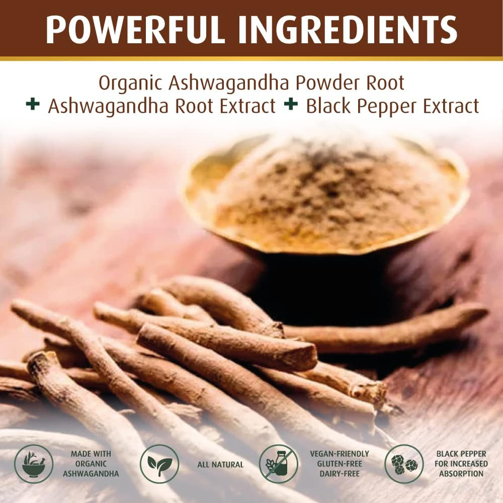 Ashwagandha Capsules 3,000 Mg - 120 Vegan Cap Made with Organic Ashwagandha Powder and Root Extract. Gluten Free. Made in USA