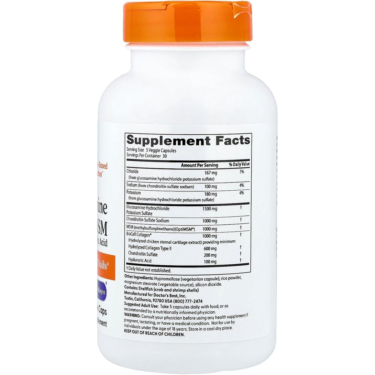 Doctor'S Best Glucosamine Chondroitin MSM + Hyaluronic Acid with Optimsm Featuring Biocell Collagen, Joint Support, Non-Gmo, Gluten & Soy Free, 150 Caps
