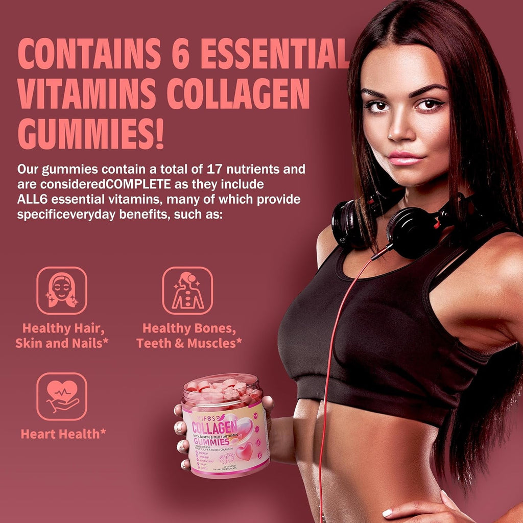 VIFSSG Collagen Peptide Gummies for Women,60 Gummies Sugar-Free Hydrolyzed, Extra Strength 2500Mg Protein Type I,II,III,V,X with 15000Mcg Biotin and Vitamin a B6 B12 C D E for Hair Skin Nail