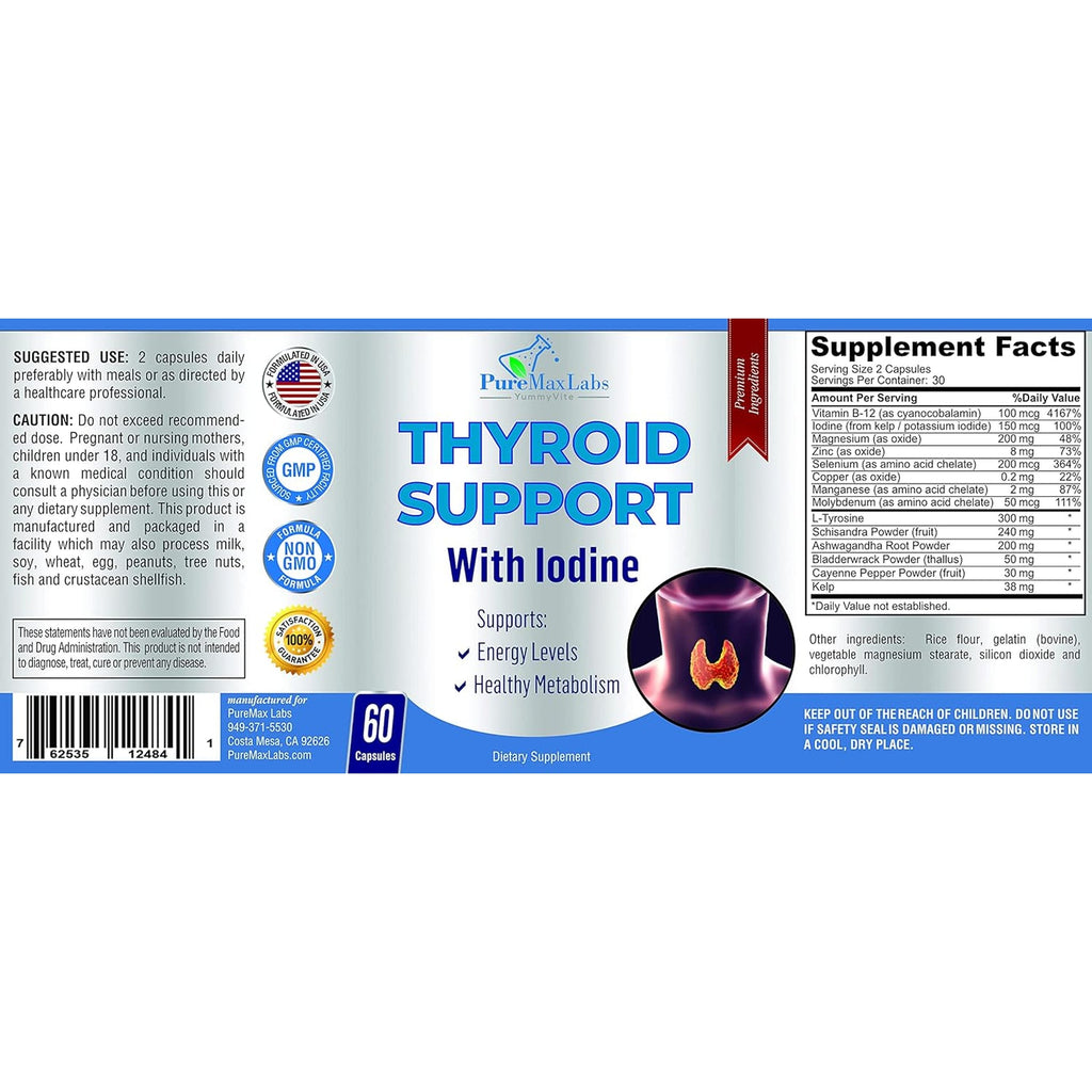 Thyroid Support with Iodine - Metabolism Booster, Energy Booster, Increase Focus - Premium Non-Gmo Thyroid Supplement 60 Capsules