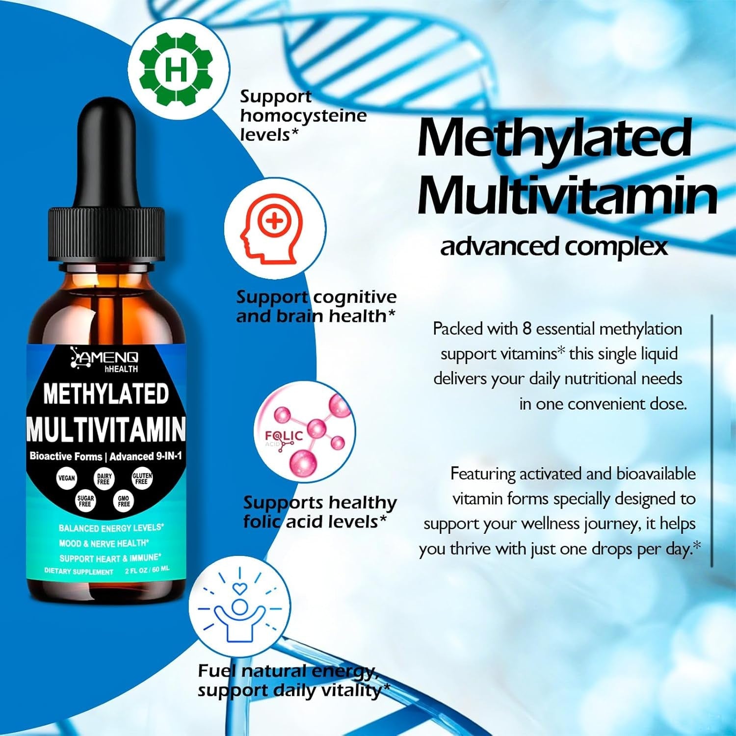 Methylated Multivitamin for Men Women & Kid, Advanced 8-In-1 Methylated B Complex W. VIT C D B12 Folate & TMG for MTHFR Energy Brain, Daily Methylated Vitamin Liquid Drop 6X Stronger than Pill Capsule