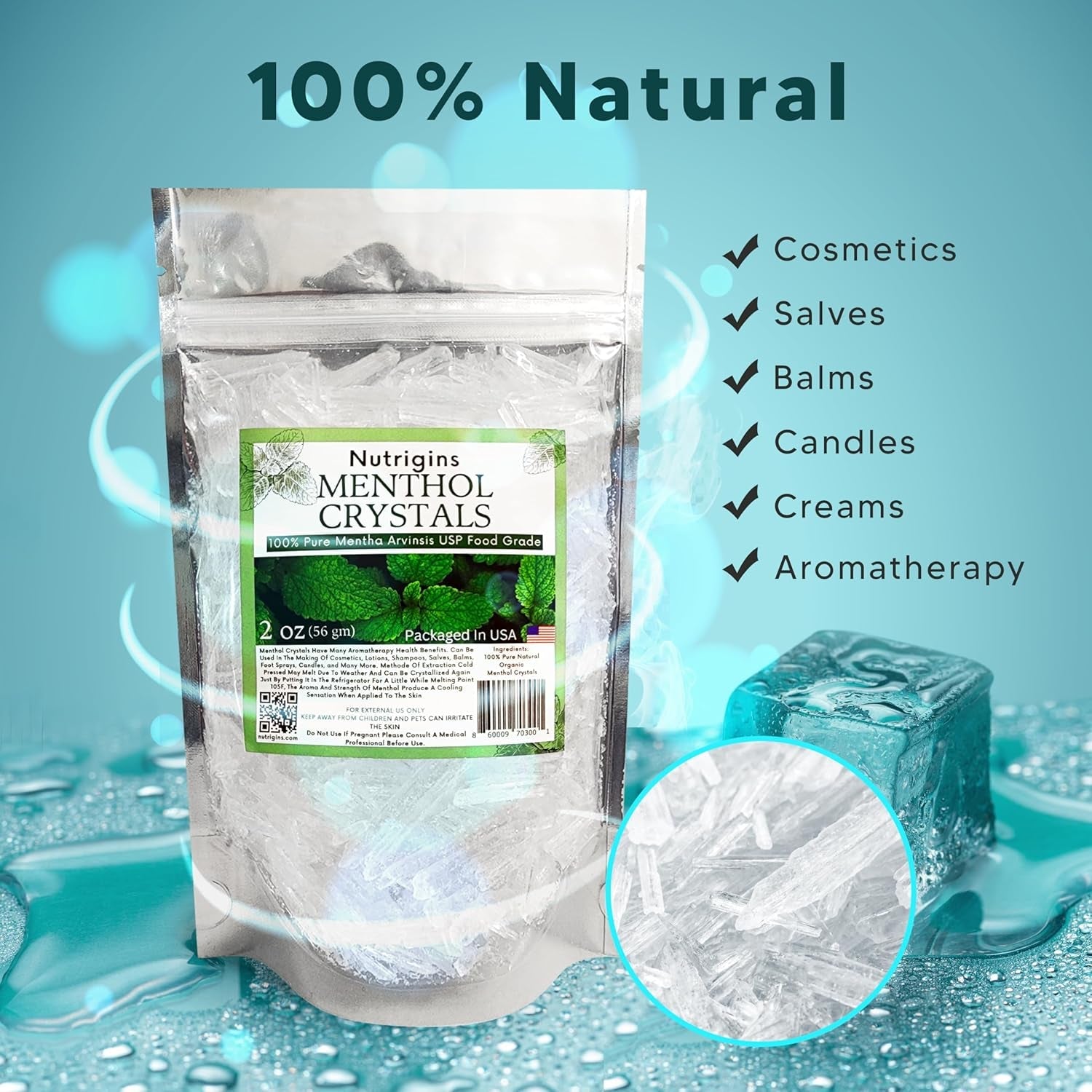 Menthol Crystal 2 Oz - Pure Organic 100% Natural - Menthol Crystals from Mint Crystal Mints Mentha Arvensis - Comes in Resealable Standup Bag for Long-Lasting Freshness