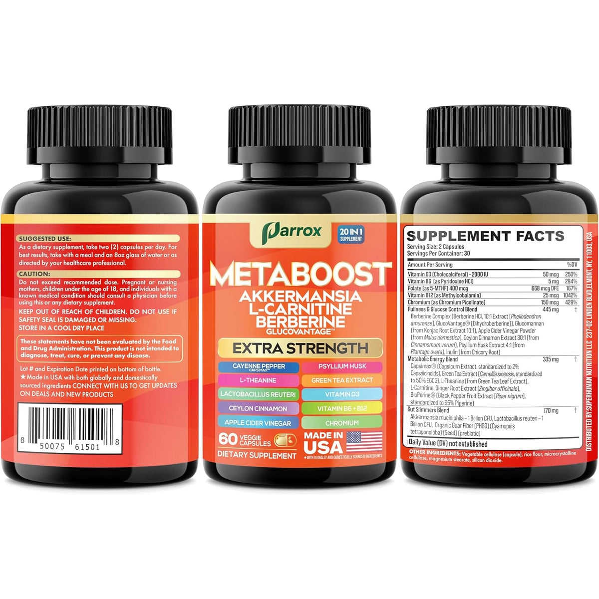 GLP-1 Booster Supplement, Akkermansia, L-Carnitine, Berberine (Glucovantage), Methylfolate, Methylated B12, Chromium, Capsimax, Psyllium Husk, Probiotics Vitamins D3, B6, 20-In-1 Plant-Based (60 Caps)